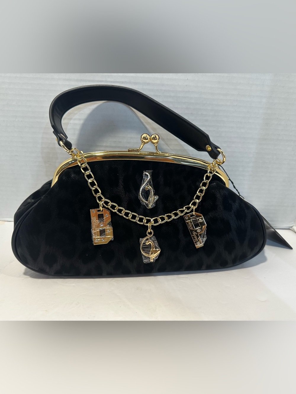 Baby Phat Black Leopard-Print Charm Frame Bag with Gold Hardware